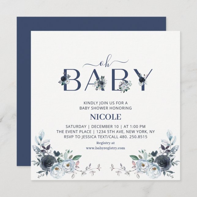 Navy Blue Boho Floral Boy Baby Shower Square Invitation (Front/Back)