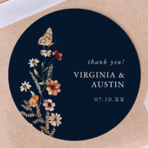 Navy Blue Boho Floral Classic Round Sticker