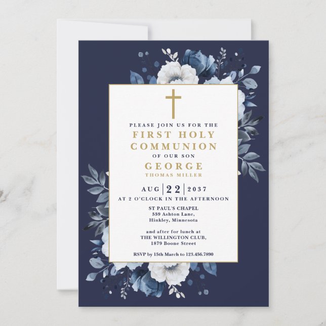 Navy Blue Boho Floral First Holy Communion Invitation (Front)