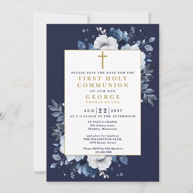 Navy Blue Boho Floral First Holy Communion Save The Date (Front)