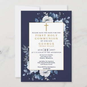 Navy Blue Boho Floral First Holy Communion Save The Date