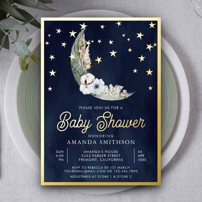Navy Blue Boho Floral Moon Stars Baby Shower Gold (Creator Uploaded)