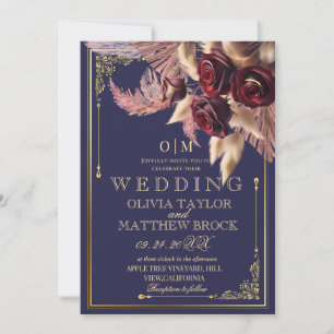 Navy blue Boho Floral red roses pampas Wedding Invitation