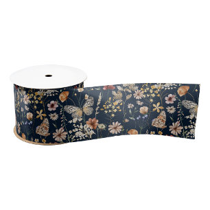 Navy Blue Boho Floral Ribbon Grosgrain Ribbon