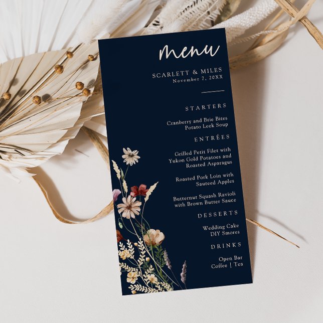 Navy Blue Boho Floral Wedding Menu (Creator Uploaded)
