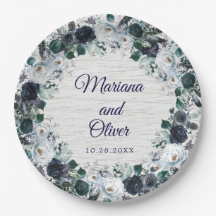 Navy Blue Boho Floral Wedding Paper Plate