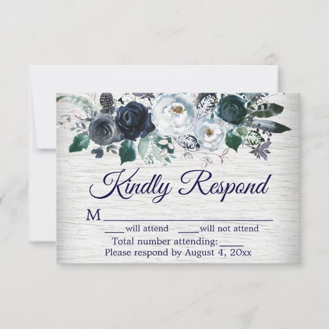 Navy Blue Boho Floral Wedding Response Card (Front)