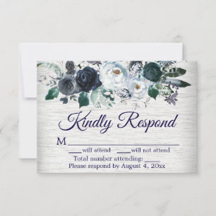 Navy Blue Boho Floral Wedding Response Card