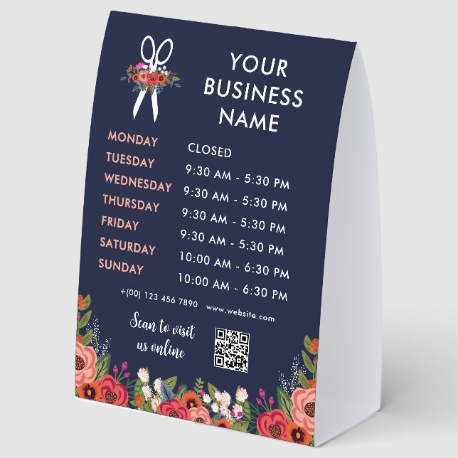 Navy Blue Boho Flowers Open Hours Hair Salon (Front)