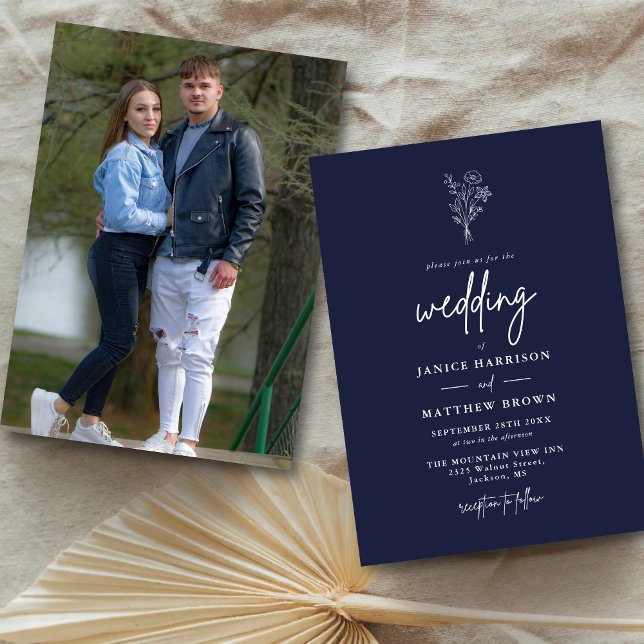 Navy Blue Boho Minimalist Botanicals Photo Wedding Invitation (Creator Uploaded)