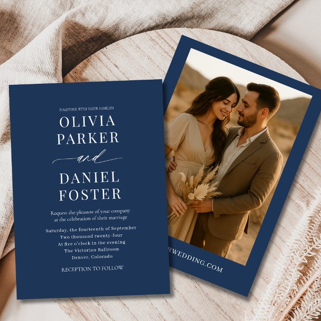 Navy Blue Boho Minimalist Photo Wedding Invitation (Creator Uploaded)
