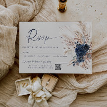Navy Blue Boho Pampas Grass Floral Wedding RSVP