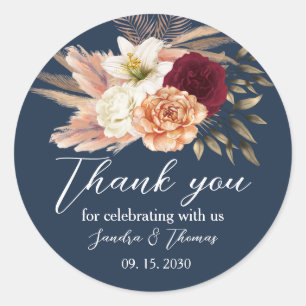 Navy Blue Boho Peach Floral Wedding Thank You Classic Round Sticker