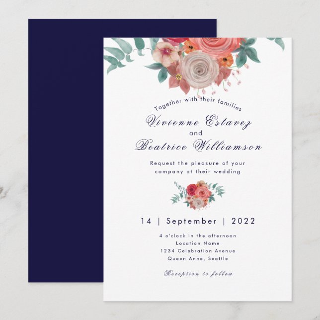 Navy blue boho red roses wedding invitation (Front/Back)
