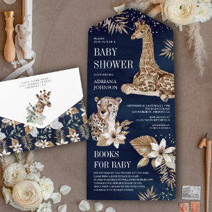 Navy Blue Boho Safari Leopard Giraffe Baby Shower All In One Invitation