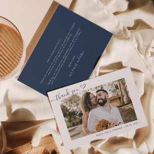 Navy Blue Boho Simple Photo Heart Script Wedding Thank You Card