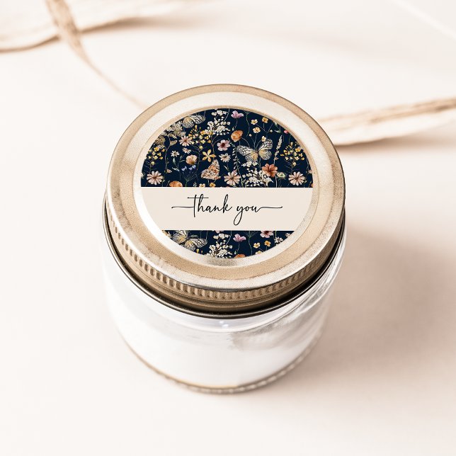 Navy Blue Boho Thank You Sticker (Navy Blue Boho Floral Thank You Sticker by Painted Paperie
)
