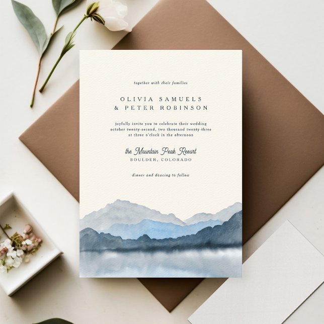 Navy Blue Boho Watercolor Mountain Photo Wedding Invitation (Creator Uploaded)