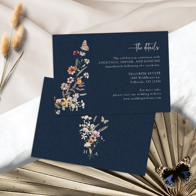 Navy Blue Boho Wedding Details Enclosure Card (Navy Blue Boho Wedding Details Enclosure Card Monogram Butterfly by Painted Paperie
)