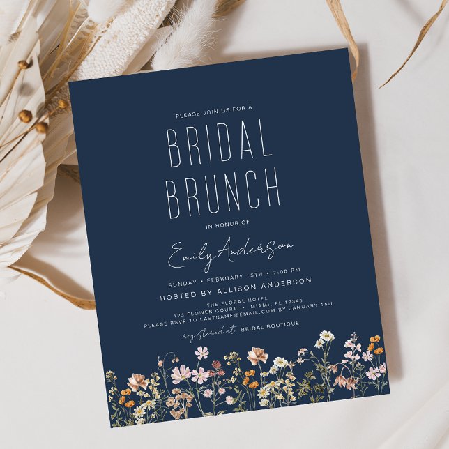 Navy Blue Boho Wildflower Bridal Brunch Shower Flyer (Creator Uploaded)
