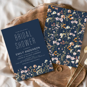 Navy Blue Boho Wildflower Bridal Shower Elegant Invitation