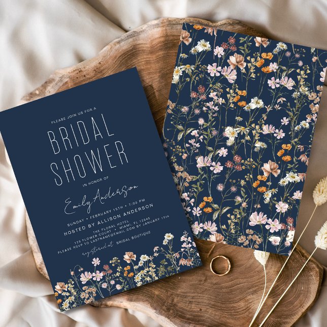 Navy Blue Boho Wildflower Bridal Shower Elegant Invitation (Creator Uploaded)