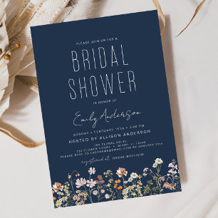 Navy Blue Boho Wildflower Bridal Shower Invitation