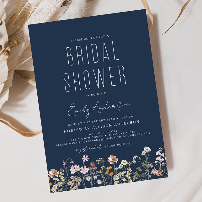 Navy Blue Boho Wildflower Bridal Shower Invitation (Creator Uploaded)