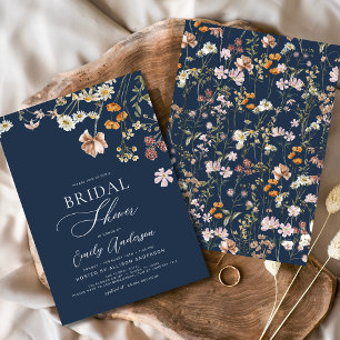 Navy Blue Boho Wildflower Bridal Shower Invitation