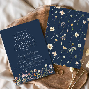 Navy Blue Boho Wildflower Bridal Shower Invitation