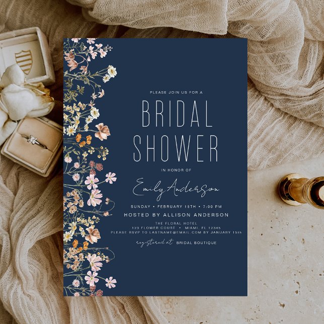 Navy Blue Boho Wildflower Bridal Shower Invitation (Creator Uploaded)