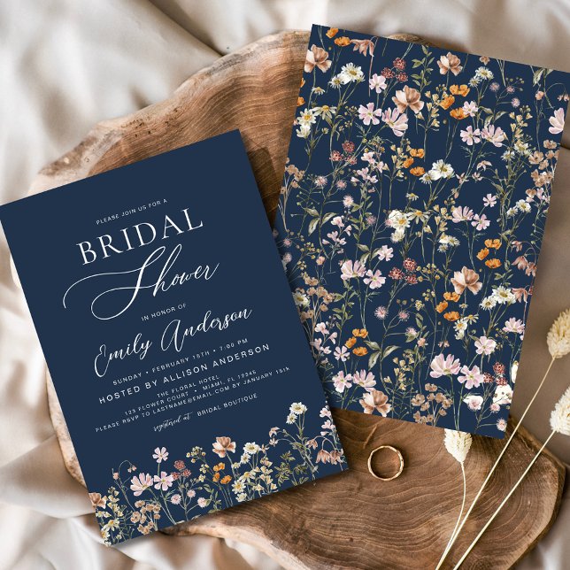 Navy Blue Boho Wildflower Bridal Shower Script Invitation (Creator Uploaded)