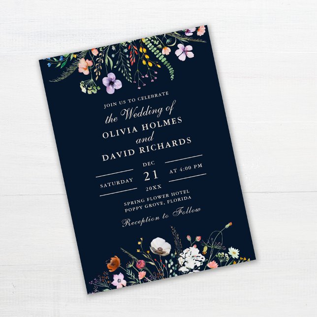 Navy Blue Boho Wildflower Meadow Wedding Invitation (Navy Blue Boho Wildflower Meadow Wedding Invitation on white wooden table.)