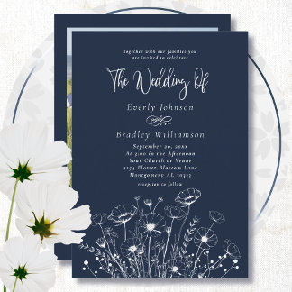 Navy Blue Boho Wildflower Minimal Floral Wedding Invitation