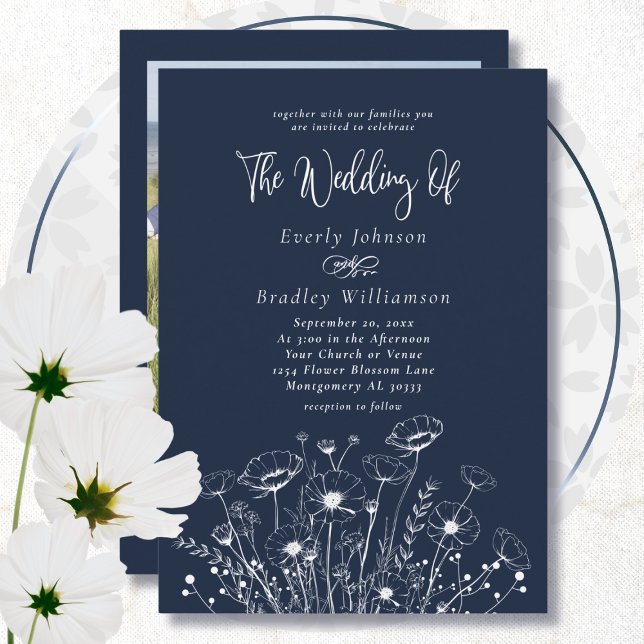 Navy Blue Boho Wildflower Minimal Floral Wedding  Invitation (Creator Uploaded)