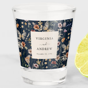 Navy Blue Boho Wildflower Wedding Shot Glass