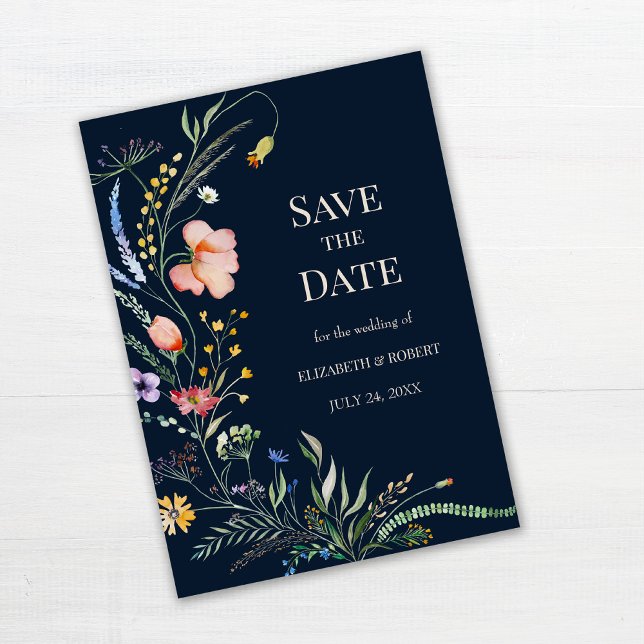 Navy Blue Boho Wildflowers Save The Date Card (Navy Blue Boho Wildflowers Save The Date Card on white wooden table.)