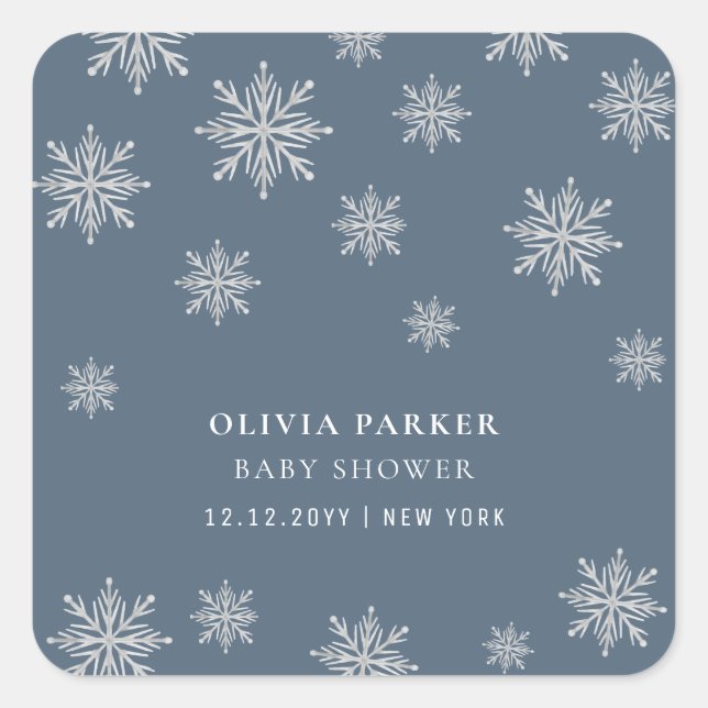 Navy Blue Boho Winter Snowflake Baby Shower  Square Sticker (Front)
