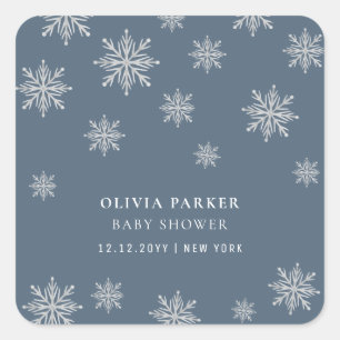 Navy Blue Boho Winter Snowflake Baby Shower Square Sticker