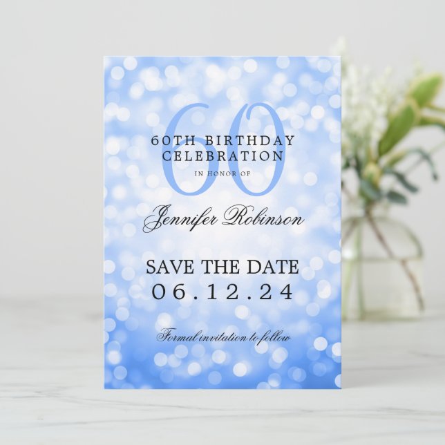 Navy Blue Bokeh 60th Birthday Save the Date  Invitation (Standing Front)