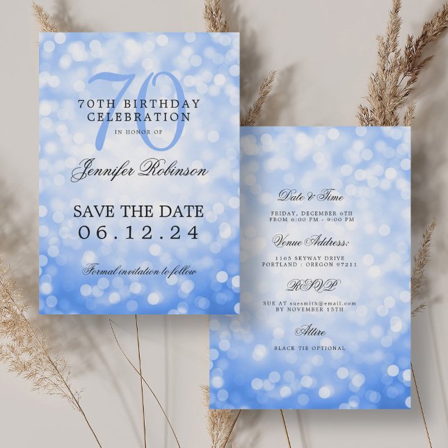 Navy Blue Bokeh 70th Birthday Save Date Details Invitation (Navy Blue Bokeh 70th Birthday Save Date Details Invitation)