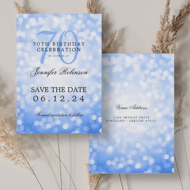 Navy Blue Bokeh 70th Birthday Save the Date  Invitation (Navy Blue Bokeh 70th Birthday Save the Date Invitation)