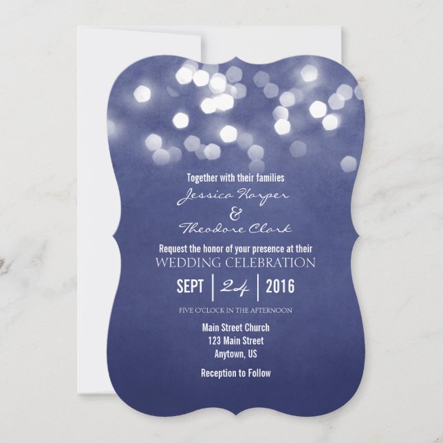 Navy Blue Bokeh Glitter Lights Wedding Invitation (Front)