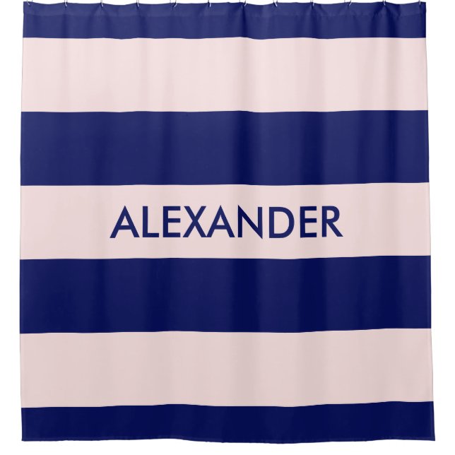 Navy Blue Bold H Stripe #3 Monogram Shower Curtain (Front)