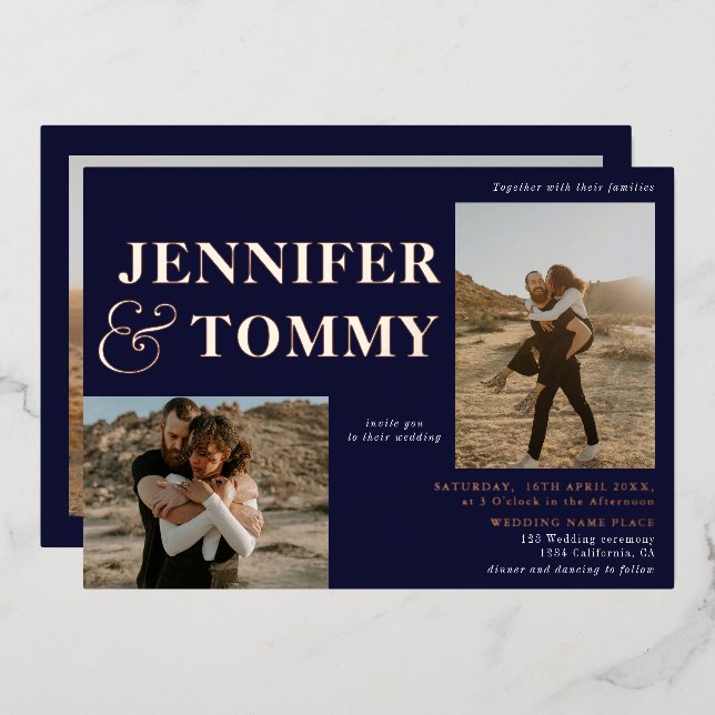 Navy blue bold names rose gold 3 photos wedding (Front/Back)
