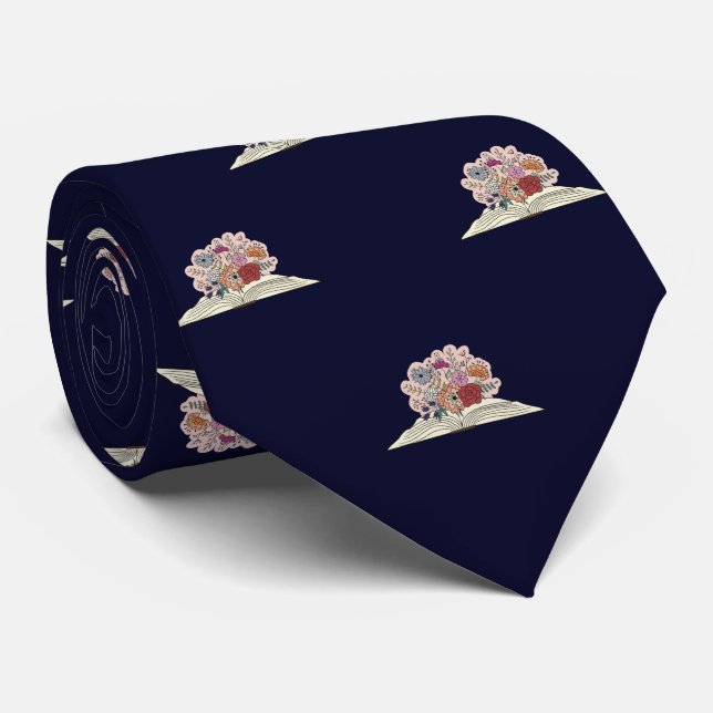 Navy Blue Book & Flowers Men's Graduation, Work Tie (Rolled)