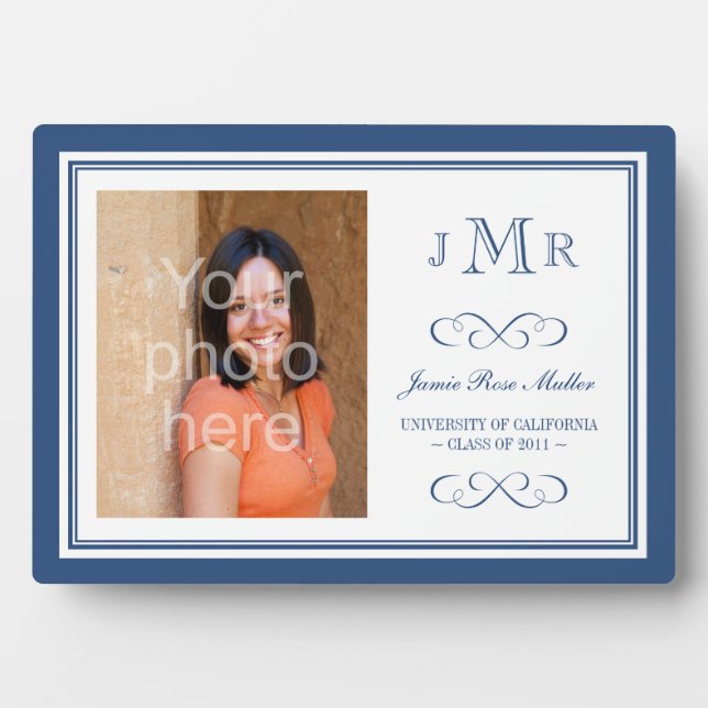 Navy blue border classy monogram graduation photo plaque (Front)