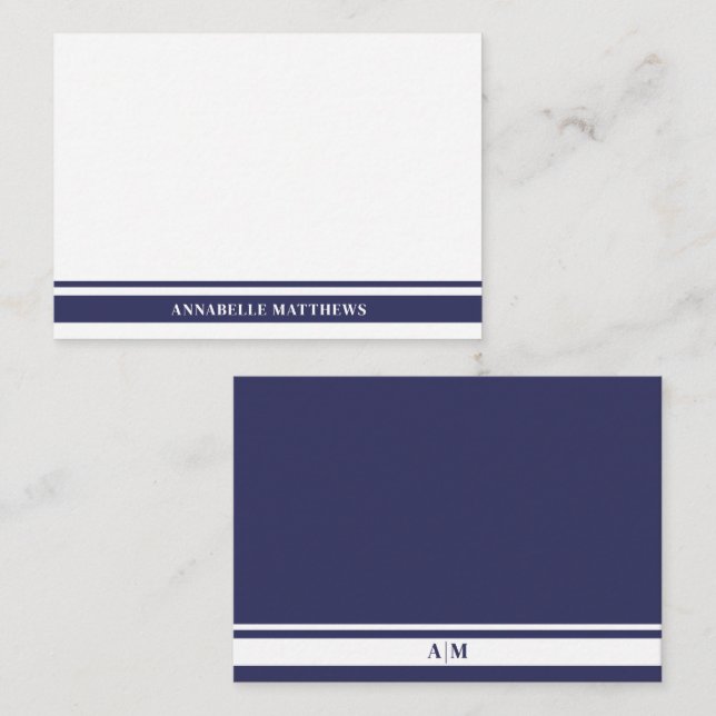 Navy Blue Border Minimalist Name Monogram Card (Front/Back)