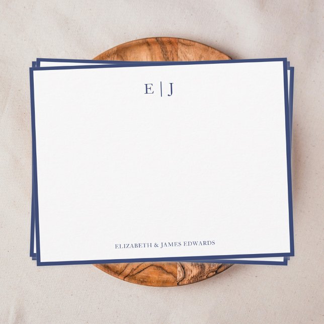 Navy Blue Border Simple Couple Monogram Card (Navy blue border couple monogram initials personalized note card)