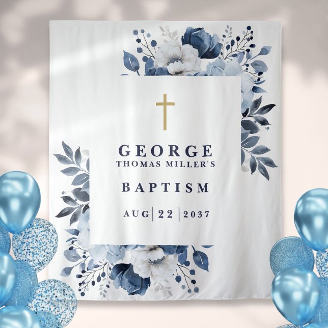 Navy Blue Botanical Baptism Photo Backdrop Tapestry (Navy Blue Botanical Baptism Photo Backdrop)